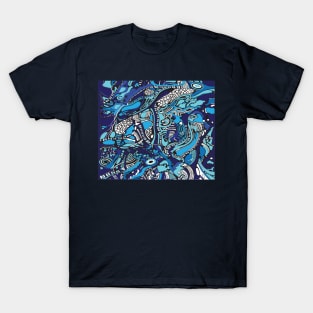 Blue Monochrome tree pattern T-Shirt